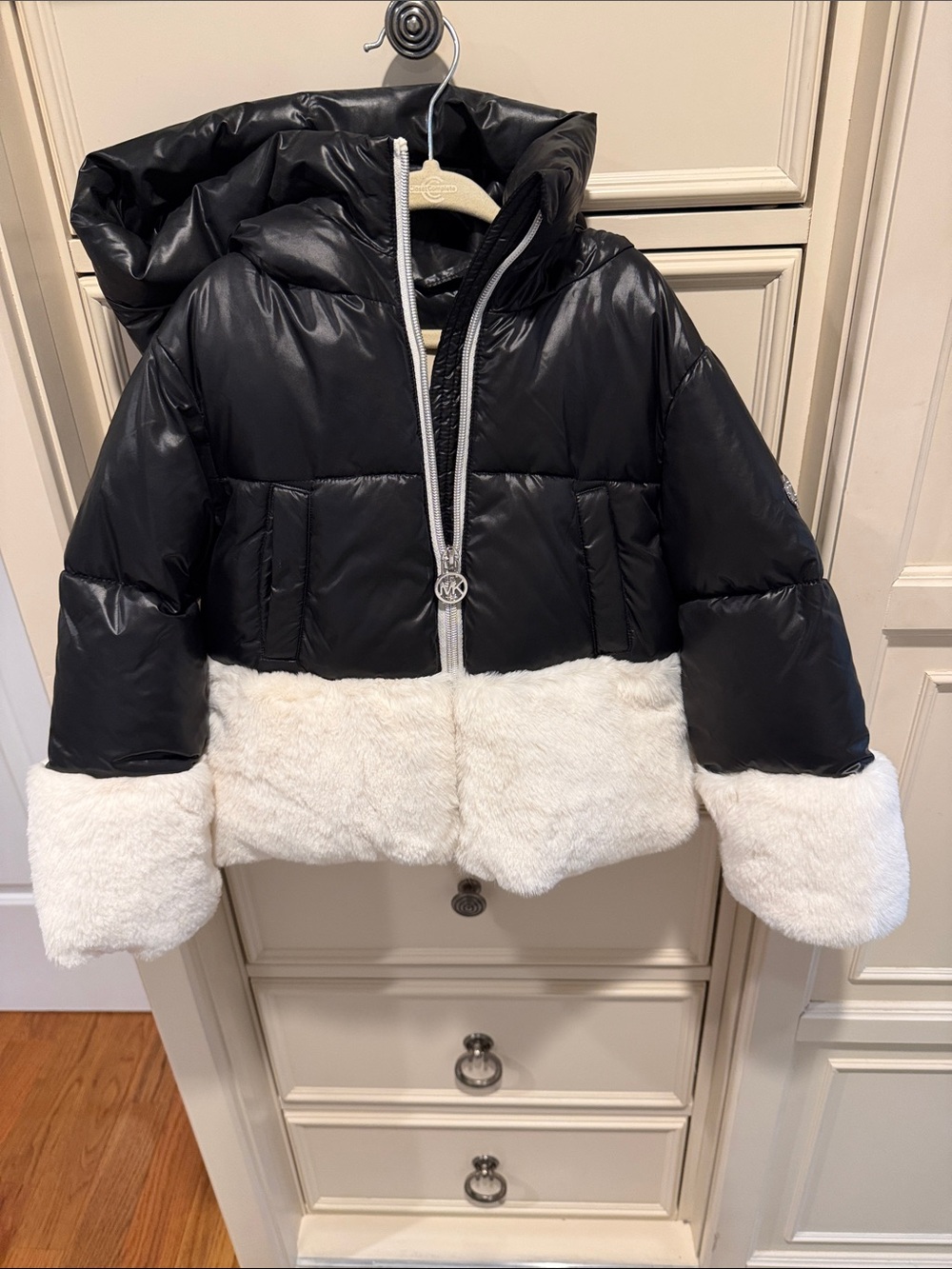 Michael Kors Black Puffer Jacket with White Faux Fur Trim